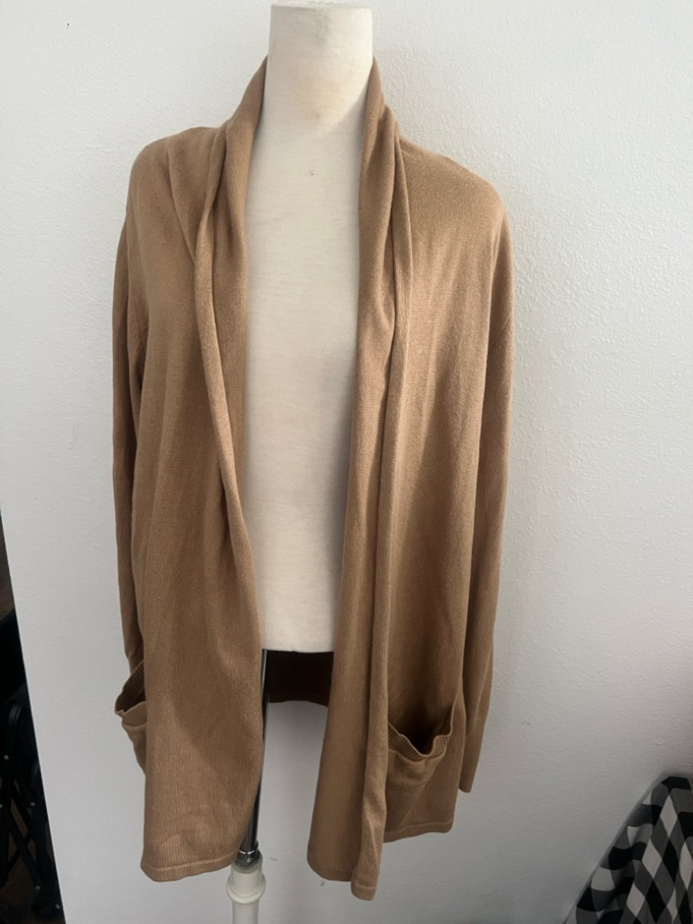 Michael Kors Camel Knit Drape Cardigan with Logo Plaque